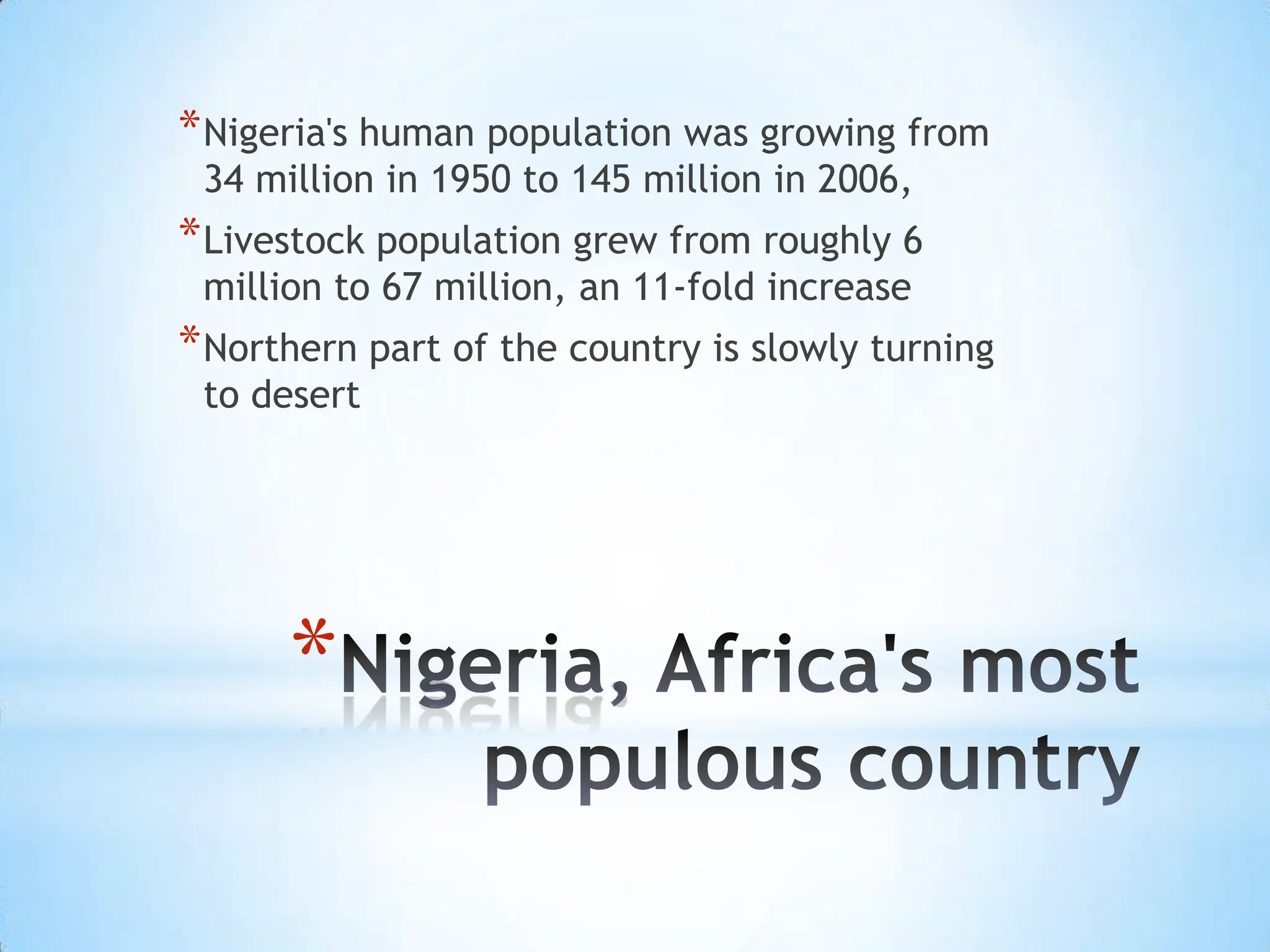 Nigeria, Africa's most populous countryNigeria's human population was growing from 34 million in 1950 to 145 million in 2006,Livestock population grew from roughly 6 million to 67 million, an 11-fold increaseNorthern part of the country is slowly turning to desert