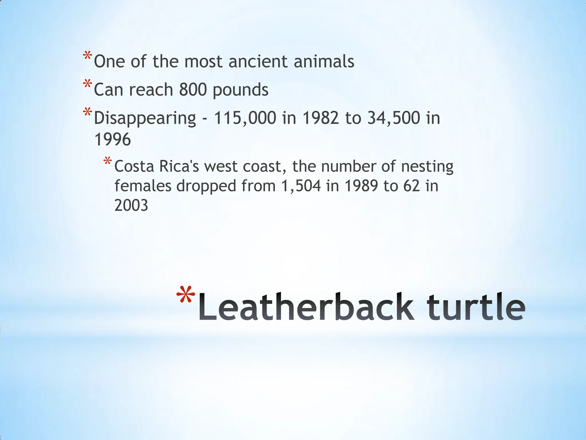 Leatherback turtleOne of the most ancient animalsCan reach 800 poundsDisappearing - 115,000 in 1982 to 34,500 in 1996Costa Rica's west coast, the number of nesting females dropped from 1,504 in 1989 to 62 in 2003