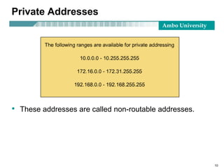 Ambo University
Private Addresses
• These addresses are called non-routable addresses.
10
 