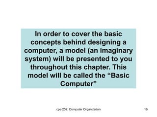cpe 252: Computer Organization 16
In order to cover the basic
concepts behind designing a
computer, a model (an imaginary
system) will be presented to you
throughout this chapter. This
model will be called the “Basic
Computer”
 