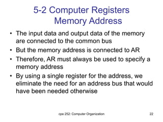 cpe 252: Computer Organization 22
5-2 Computer Registers
Memory Address
• The input data and output data of the memory
are connected to the common bus
• But the memory address is connected to AR
• Therefore, AR must always be used to specify a
memory address
• By using a single register for the address, we
eliminate the need for an address bus that would
have been needed otherwise
 