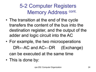 cpe 252: Computer Organization 24
5-2 Computer Registers
Memory Address cont.
• The transition at the end of the cycle
transfers the content of the bus into the
destination register, and the output of the
adder and logic circuit into the AC
• For example, the two microoperations
DR←AC and AC←DR (Exchange)
can be executed at the same time
• This is done by:
 