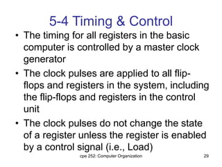cpe 252: Computer Organization 29
5-4 Timing & Control
• The timing for all registers in the basic
computer is controlled by a master clock
generator
• The clock pulses are applied to all flip-
flops and registers in the system, including
the flip-flops and registers in the control
unit
• The clock pulses do not change the state
of a register unless the register is enabled
by a control signal (i.e., Load)
 