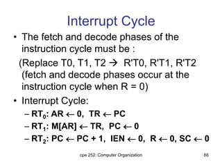 cpe 252: Computer Organization 66
Interrupt Cycle
• The fetch and decode phases of the
instruction cycle must be :
(Replace T0, T1, T2  R'T0, R'T1, R'T2
(fetch and decode phases occur at the
instruction cycle when R = 0)
• Interrupt Cycle:
– RT0: AR  0, TR  PC
– RT1: M[AR]  TR, PC  0
– RT2: PC  PC + 1, IEN  0, R  0, SC  0
 