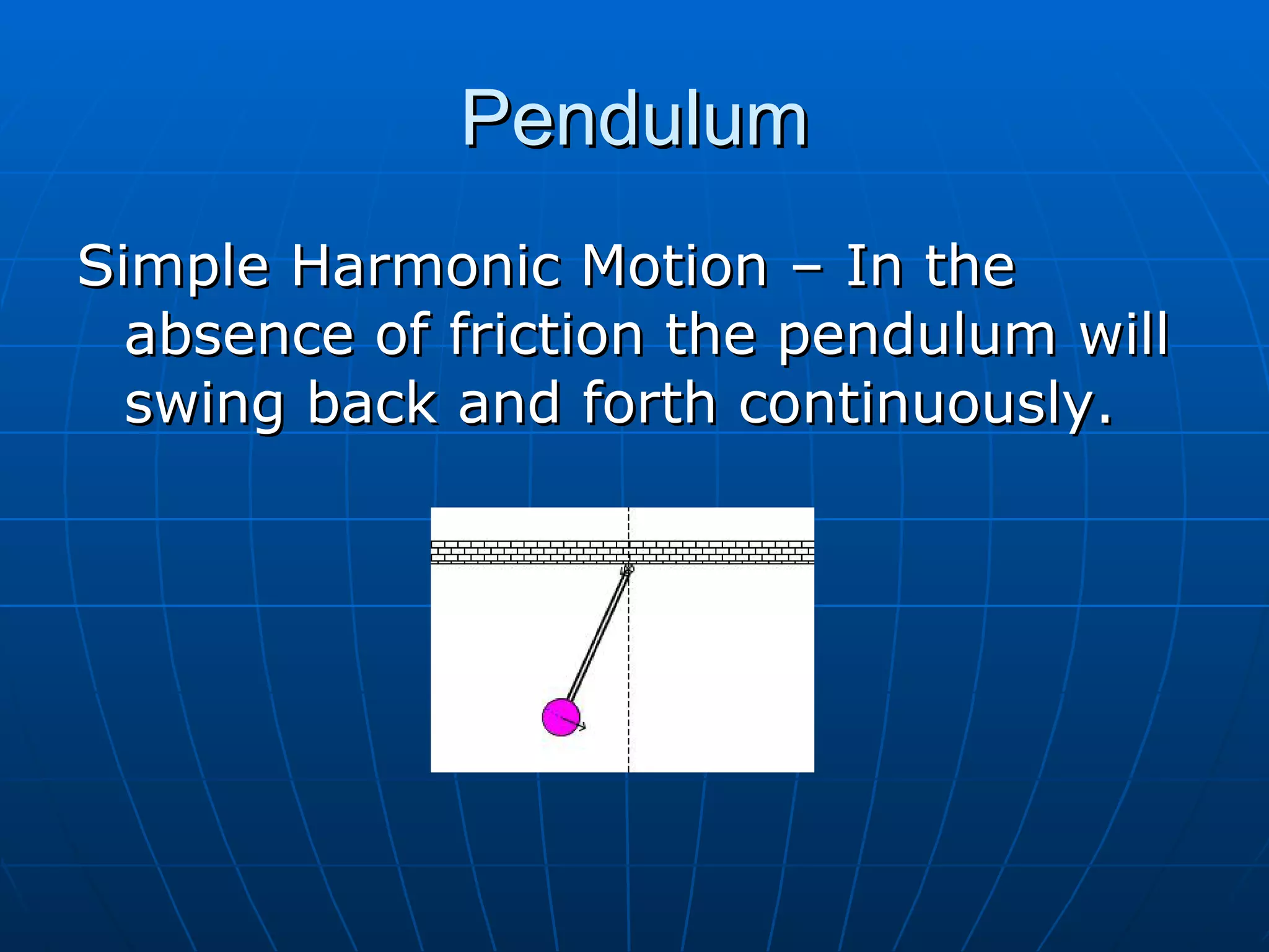 Pendulum Simple Harmonic Motion – In the absence of friction the pendulum will swing back and forth continuously. 