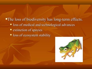 The loss of biodiversity has long-term effects.







loss of medical and technological advances
extinction of species
loss of ecosystem stability

 