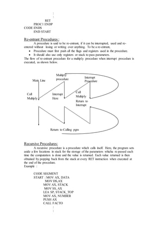 :
:
RET
PROC1 ENDP
CODE ENDS
END START
Re-entrant Procedures :
A procedure is said to be re-entrant, if it can be interrupted, used and re-
entered without losing or writing over anything. To be a re-entrant,
 Procedure must first push all the flags and registers used in the procedure.
 It should also use only registers or stack to pass parameters.
The flow of re-entrant procedure for a multiply procedure when interrupt procedure is
executed, as shown below.
Recursive Procedures:
A recursive procedure is a procedure which calls itself. Here, the program sets
aside a few locations in stack for the storage of the parameters whicha re passed each
time the computation is done and the value is returned. Each value returned is then
obtained by popping back from the stack at every RET instruction when executed at
the end of the procedure.
Example :
CODE SEGMENT
START : MOV AX, DATA
MOV DS,AX
MOV AX, STACK
MOV SS, AX
LEA SP, STACK_TOP
MOV AX, NUMBER
PUSH AX
CALL FACTO
:
:
Call
Multiply
Interrupt
Here
Call
Multiply
Main Line
Interrupt
Procedure
Return to
Interrupt
Multiply
procedure
Return to Calling pgm
 