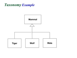 Taxonomy Example
Mammal
Tiger Wolf Wale
 