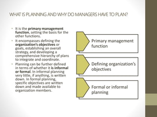 WHAT IS PLANNING AND WHY DO MANAGERS HAVE TO PLAN?
• It is the primary management
function, setting the basis for the
other functions.
• It encompasses defining the
organization’s objectives or
goals, establishing an overall
strategy, and developing a
comprehensive hierarchy of plans
to integrate and coordinate.
• Planning can be further defined
in terms of whether it is informal
or formal. In informal planning
very little, if anything, is written
down. In formal planning,
specific objectives are written
down and made available to
organization members.
Primary management
function
Defining organization’s
objectives
Formal or informal
planning
 