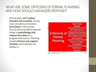WHAT ARE SOME CRITICISMS OF FORMAL PLANNING
AND HOW SHOULD MANAGERS RESPOND?
• Formal plans can’t replace
intuition and creativity. Visions
have a tendency to become
formalized as they evolve.
Formal planning efforts typically
follow a methodology that
reduces the vision to a
programmed routine. Planning
should enhance and support
intuition and creativity, not
replace it.
 