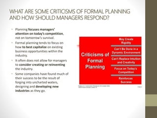 WHAT ARE SOME CRITICISMS OF FORMAL PLANNING
AND HOW SHOULD MANAGERS RESPOND?
• Planning focuses managers’
attention on today’s competition,
not on tomorrow’s survival.
• Formal planning tends to focus on
how to best capitalize on existing
business opportunities within the
industry.
• It often does not allow for managers
to consider creating or reinventing
the industry.
• Some companies have found much of
their success to be the result of
forging into uncharted waters,
designing and developing new
industries as they go.
 