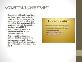 A COMPETITIVE/ BUSINESS STRATEGY
• Companies will seek a position,
so that they can gain a distinct
edge over the company’s rivals.
Units that are independent and
formulate their own competitive
strategies are called strategic
business units (SBUs).
• This positioning requires a
careful evaluation of the
competitive forces.
• The competitive advantage
comes from the organization’s
core competencies by doing
something that others cannot do
or doing it better than others can
do it.
 