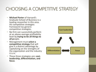 CHOOSING A COMPETITIVE STRATEGY
• Michael Porter of Harvard’s
Graduate School of Business is a
leading researcher in this area.
His competitive strategies
framework has generic
competitive strategies.
• No firm can successfully perform
at an above-average profitability
level by trying to be all things to
all people.
• Management must select a
competitive strategy that will
give it a distinct advantage by
capitalizing on the strengths of
the organization and the industry
it is in.
• These three strategies are: cost-
leadership, differentiation, and
focus.
Cost leadership
FocusDifferentiation
 