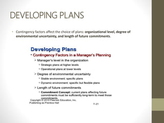 DEVELOPING PLANS
• Contingency factors affect the choice of plans: organizational level, degree of
environmental uncertainty, and length of future commitments.
 