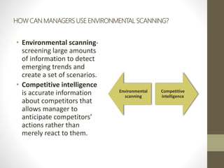 HOW CAN MANAGERS USE ENVIRONMENTAL SCANNING?
• Environmental scanning-
screening large amounts
of information to detect
emerging trends and
create a set of scenarios.
• Competitive intelligence
is accurate information
about competitors that
allows manager to
anticipate competitors’
actions rather than
merely react to them.
Environmental
scanning
Competitive
intelligence
 