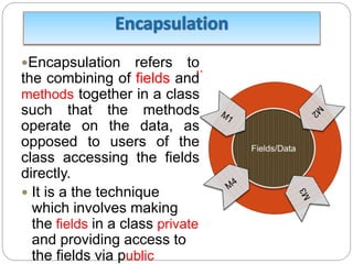 Encapsulation refers to
the combining of fields and
methods together in a class
such that the methods
operate on the data, as
opposed to users of the
class accessing the fields
directly.
 It is a the technique
which involves making
the fields in a class private
and providing access to
the fields via public
..
Class
 