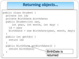 public class Student {
private int id;
private BirthDate birthDate;
public Student(int ssn,
int year, int month, int day) {
id = ssn;
birthDate = new BirthDate(year, month, day);
}
public int getId() {
return id;
}
public BirthDate getBirthDate() {
return birthDate;
}
}
BirthDate is
returned
 