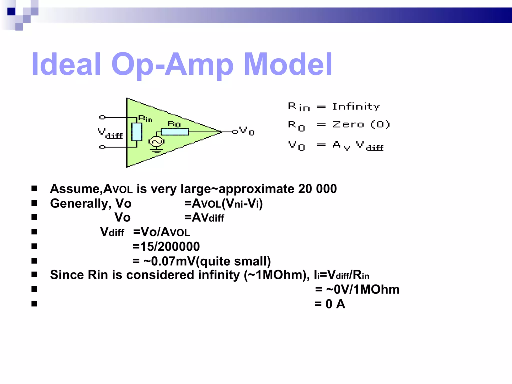 Ideal Op-Amp Model Assume,A VOL  is very large~approximate 20 000 Generally, Vo  =A VOL (V ni -V i ) Vo  =A V diff V diff =Vo/A VOL   =15/200000 = ~0.07mV(quite small) Since Rin is considered infinity (~1MOhm), I i =V diff /R in = ~0V/1MOhm   = 0 A 