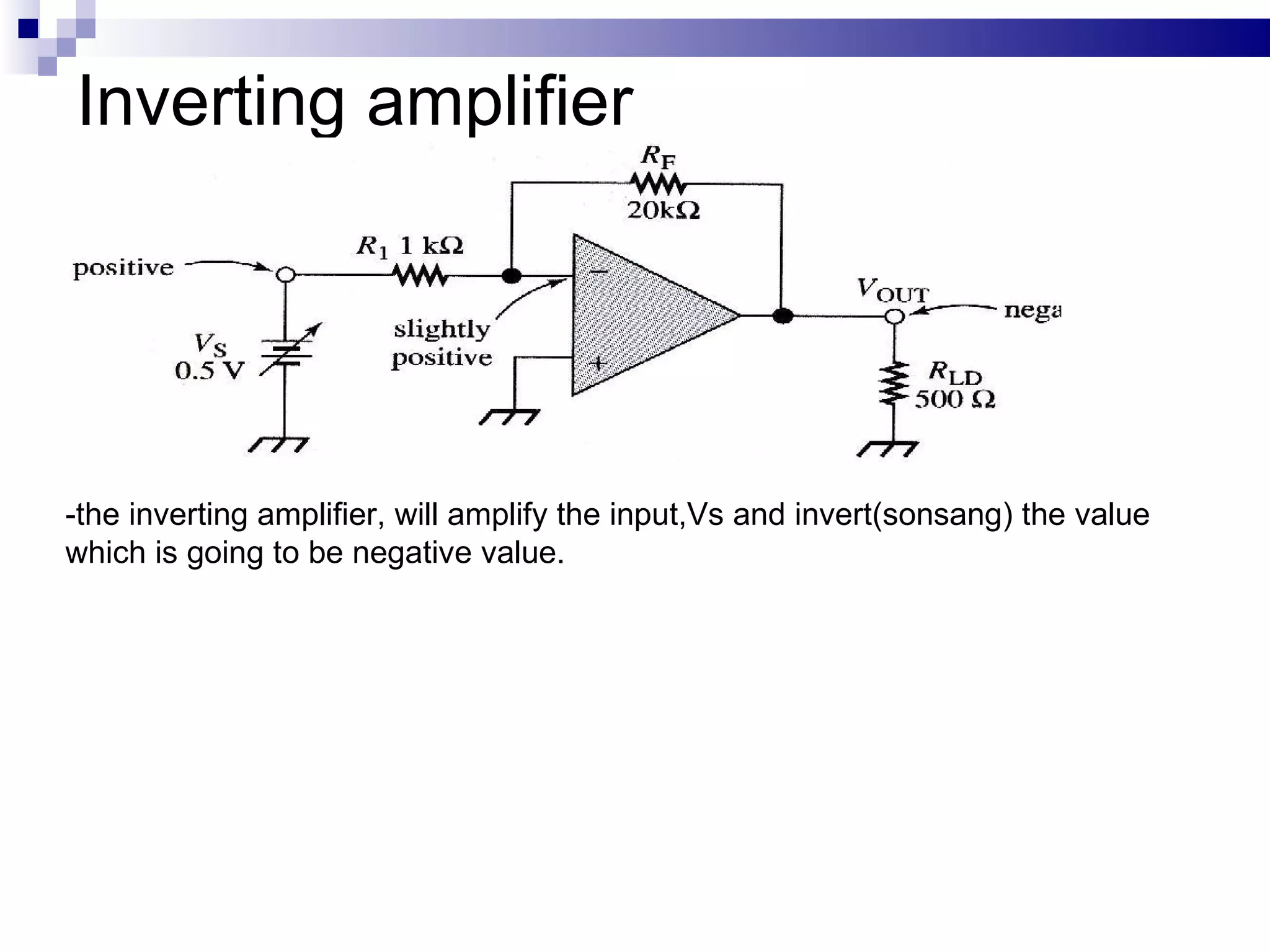 Inverting amplifier -the inverting amplifier, will amplify the input,Vs and invert(sonsang) the value which is going to be negative value. 