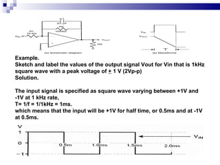 Example.  Sketch and label the values of the output signal Vout for Vin that is 1kHz  square wave with a peak voltage of  +  1 V (2Vp-p) Solution.  The input signal is specified as square wave varying between +1V and -1V at 1 kHz rate, T= 1/f = 1/1kHz = 1ms. which means that the input will be +1V for half time, or 0.5ms and at -1V at 0.5ms. 