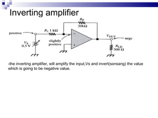 Inverting amplifier -the inverting amplifier, will amplify the input,Vs and invert(sonsang) the value which is going to be negative value. 
