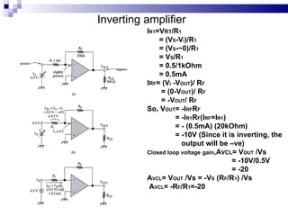 Inverting amplifier I R1 =V R1 /R 1 = (V S -V i )/R 1 = ( V S -~0)/R 1 = V S /R 1 = 0.5/1kOhm = 0.5mA I R F = (V i  -V OUT )/ R F = (0-V OUT )/ R F = -V OUT / R F So, V OUT = -I RF R F = -I R1 R F (I RF =I R1 ) = - (0.5mA) (20kOhm) = -10V (Since it is inverting, the  output will be –ve) Closed loop voltage   gain ,A VCL = V OUT  /Vs = -10V/0.5V = -20 A VCL = V OUT  /Vs = -V S  (R F /R 1 ) /Vs  A VCL = -R F /R 1 =-20  