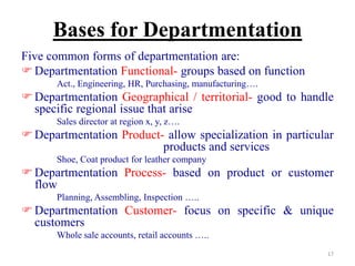 Bases for Departmentation
Five common forms of departmentation are:
Departmentation Functional- groups based on function
Act., Engineering, HR, Purchasing, manufacturing….
Departmentation Geographical / territorial- good to handle
specific regional issue that arise
Sales director at region x, y, z….
Departmentation Product- allow specialization in particular
products and services
Shoe, Coat product for leather company
Departmentation Process- based on product or customer
flow
Planning, Assembling, Inspection …..
Departmentation Customer- focus on specific & unique
customers
Whole sale accounts, retail accounts …..
17
 
