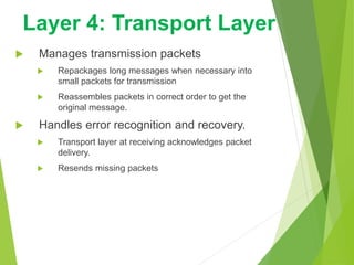  Manages transmission packets
 Repackages long messages when necessary into
small packets for transmission
 Reassembles packets in correct order to get the
original message.
 Handles error recognition and recovery.
 Transport layer at receiving acknowledges packet
delivery.
 Resends missing packets
Layer 4: Transport Layer
 