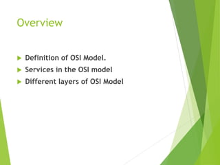 Overview
 Definition of OSI Model.
 Services in the OSI model
 Different layers of OSI Model
 
