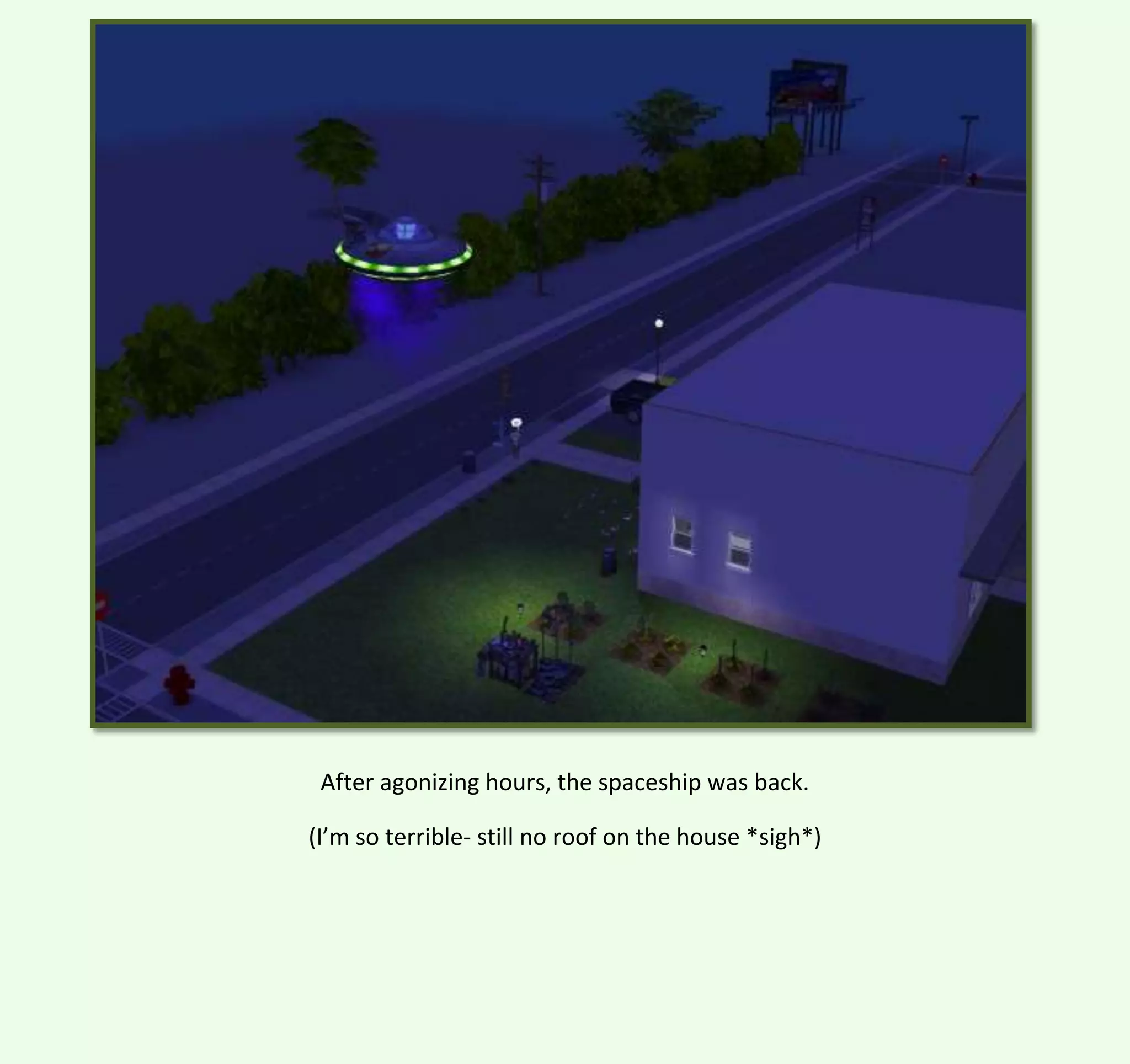 After agonizing hours, the spaceship was back.
(I’m so terrible- still no roof on the house *sigh*)

 