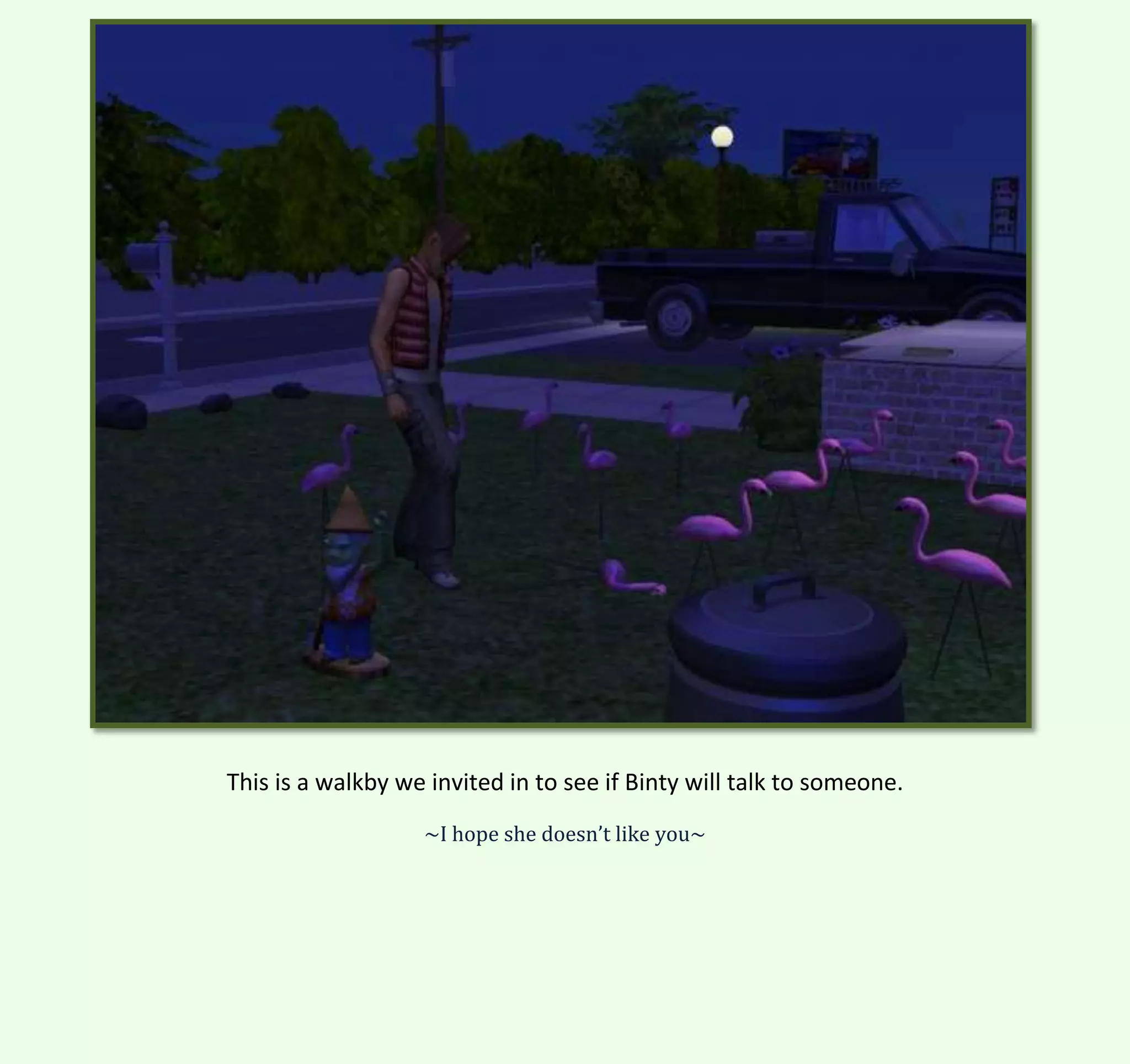 This is a walkby we invited in to see if Binty will talk to someone.
~I hope she doesn’t like you~

 
