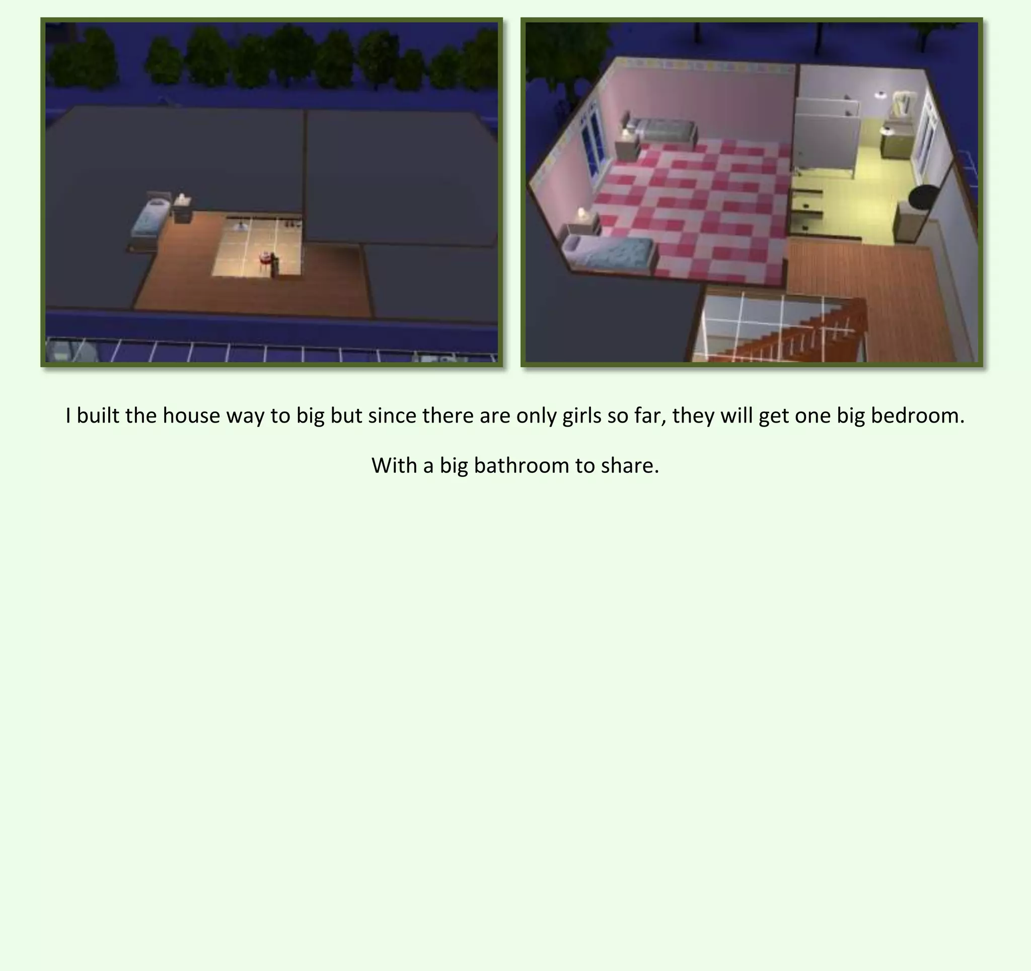 I built the house way to big but since there are only girls so far, they will get one big bedroom.
With a big bathroom to share.

 