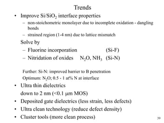 39
Trends
• Improve Si/SiO2 interface properties
– non-stoichometric monolayer due to incomplete oxidation - dangling
bonds
– strained region (1-4 nm) due to lattice mismatch
Solve by
– Fluorine incorporation (Si-F)
– Nitridation of oxides N2O, NH3 (Si-N)
Further: Si-N: improved barrier to B penetration
Optimum: N2O; 0.5 - 1 at% N at interface
• Ultra thin dielectrics
down to 2 nm (<0.1 mm MOS)
• Deposited gate dielectrics (less strain, less defects)
• Ultra clean technology (reduce defect density)
• Cluster tools (more clean process)
 