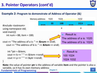 3. Pointer Operators (cont’d)
Chapter 5 15
#include <iostream>
using namespace std;
void main(){
int num = 88, item = 100;
cout << "The address of a is: " << &num << endl;
cout << "The address of b is: " << &item << endl;
int *ptr = &item;
cout << b << " " << &item <<endl;
cout << p << " " << &ptr <<endl;
}
Note: the value of pointer ptr is the address of variable item and the pointer is also a
variable, so it has its own memory address
 Result is:
The address of a is: 1020
The address of b is: 1024
 Result is:
100 1024
1024 1032
Example 2: Program to demonstrate of Address of Operator (&)
 