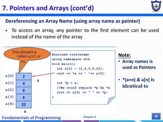 7. Pointers and Arrays (cont’d)
Dereferencing an Array Name (using array name as pointer)
 To access an array, any pointer to the first element can be used
instead of the name of the array
Chapter 5 40
Note:
• Array names is
used as Pointers
• *(a+n) & a[n] is
identical to
 