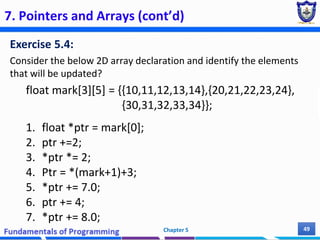 7. Pointers and Arrays (cont’d)
Exercise 5.4:
Consider the below 2D array declaration and identify the elements
that will be updated?
float mark[3][5] = {{10,11,12,13,14},{20,21,22,23,24},
{30,31,32,33,34}};
1. float *ptr = mark[0];
2. ptr +=2;
3. *ptr *= 2;
4. Ptr = *(mark+1)+3;
5. *ptr += 7.0;
6. ptr += 4;
7. *ptr += 8.0;
Chapter 5 49
 