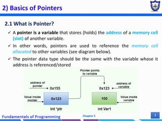2) Basics of Pointers
2.1 What is Pointer?
 A pointer is a variable that stores (holds) the address of a memory cell
(slot) of another variable.
 In other words, pointers are used to reference the memory cell
allocated to other variables (see diagram below).
 The pointer data type should be the same with the variable whose it
address is referenced/stored
Chapter 5 7
 