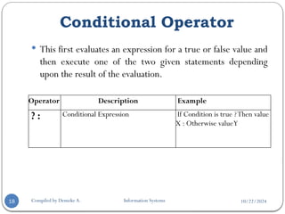 10/22/2024
Conditional Operator
Compiled by Demeke A. Information Systems
18
 This first evaluates an expression for a true or false value and
then execute one of the two given statements depending
upon the result of the evaluation.
Operator Description Example
? : Conditional Expression If Condition is true ?Then value
X : Otherwise valueY
 