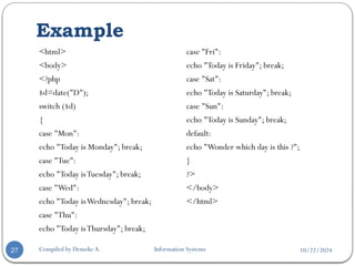 10/22/2024
Example
Compiled by Demeke A. Information Systems
27
<html>
<body>
<?php
$d=date("D");
switch ($d)
{
case "Mon":
echo "Today is Monday"; break;
case "Tue":
echo "Today isTuesday"; break;
case "Wed":
echo "Today isWednesday"; break;
case "Thu":
echo "Today isThursday"; break;
case "Fri":
echo "Today is Friday"; break;
case "Sat":
echo "Today is Saturday"; break;
case "Sun":
echo "Today is Sunday"; break;
default:
echo "Wonder which day is this ?";
}
?>
</body>
</html>
 
