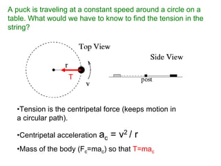 A puck is traveling at a constant speed around a circle on a
table. What would we have to know to find the tension in the
string?
•Tension is the centripetal force (keeps motion in
a circular path).
•Centripetal acceleration ac = v2 / r
•Mass of the body (Fc=mac) so that T=mac
T
 