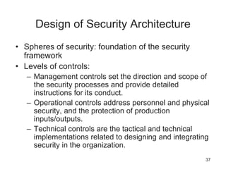 Design of Security Architecture
• Spheres of security: foundation of the security
framework
• Levels of controls:
– Management controls set the direction and scope of
the security processes and provide detailed
instructions for its conduct.
– Operational controls address personnel and physical
security, and the protection of production
inputs/outputs.
– Technical controls are the tactical and technical
implementations related to designing and integrating
security in the organization.
37
 