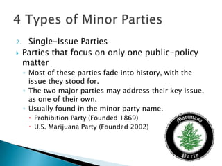 2.    Single-Issue Parties
    Parties that focus on only one public-policy
     matter
     ◦ Most of these parties fade into history, with the
       issue they stood for.
     ◦ The two major parties may address their key issue,
       as one of their own.
     ◦ Usually found in the minor party name.
       Prohibition Party (Founded 1869)
       U.S. Marijuana Party (Founded 2002)
 