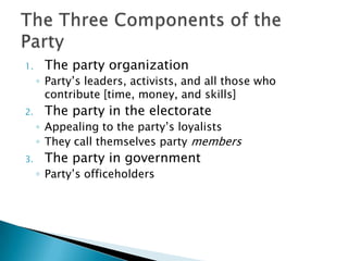 1.    The party organization
     ◦ Party’s leaders, activists, and all those who
       contribute [time, money, and skills]
2.    The party in the electorate
     ◦ Appealing to the party’s loyalists
     ◦ They call themselves party members
3.    The party in government
     ◦ Party’s officeholders
 