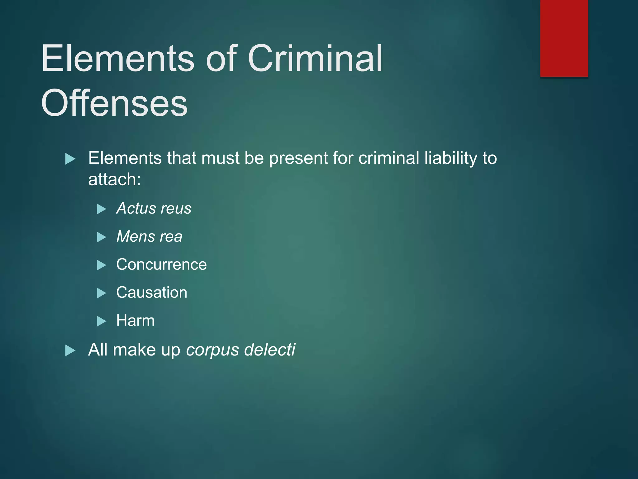 Elements of Criminal
Offenses
 Elements that must be present for criminal liability to
attach:
 Actus reus
 Mens rea
 Concurrence
 Causation
 Harm
 All make up corpus delecti
 