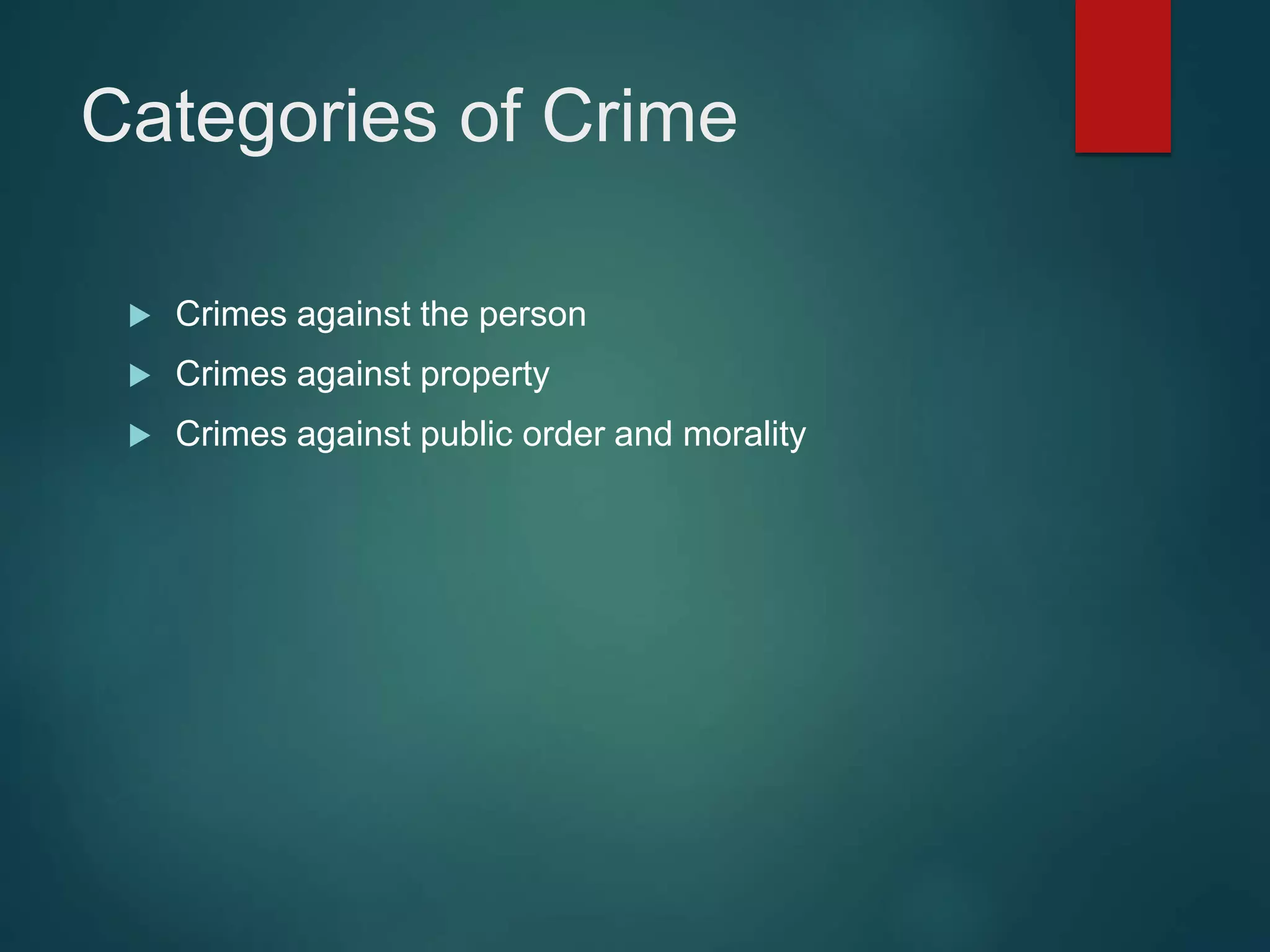 Categories of Crime
 Crimes against the person
 Crimes against property
 Crimes against public order and morality
 