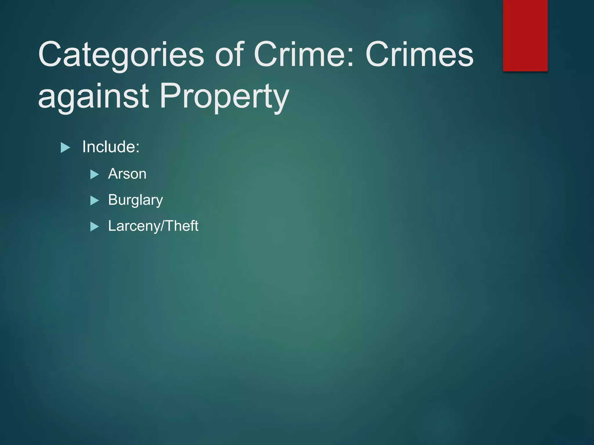 Categories of Crime: Crimes
against Property
 Include:
 Arson
 Burglary
 Larceny/Theft
 