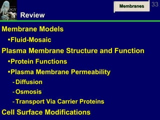 Review Membrane Models Fluid-Mosaic Plasma Membrane Structure and Function Protein Functions Plasma Membrane Permeability Diffusion Osmosis Transport Via Carrier Proteins Cell Surface Modifications 