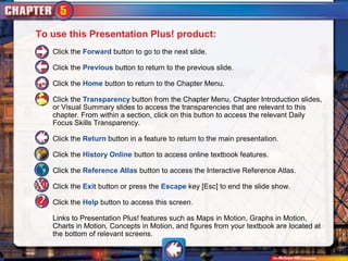 To use this Presentation Plus! product:
   Click the Forward button to go to the next slide.

   Click the Previous button to return to the previous slide.

   Click the Home button to return to the Chapter Menu.

   Click the Transparency button from the Chapter Menu, Chapter Introduction slides,
   or Visual Summary slides to access the transparencies that are relevant to this
   chapter. From within a section, click on this button to access the relevant Daily
   Focus Skills Transparency.

   Click the Return button in a feature to return to the main presentation.

   Click the History Online button to access online textbook features.

   Click the Reference Atlas button to access the Interactive Reference Atlas.

   Click the Exit button or press the Escape key [Esc] to end the slide show.

   Click the Help button to access this screen.

   Links to Presentation Plus! features such as Maps in Motion, Graphs in Motion,
   Charts in Motion, Concepts in Motion, and figures from your textbook are located at
   the bottom of relevant screens.
 