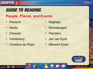 People, Places, and Events
• Petrarch             • Raphael
• Dante                • Michelangelo
• Chaucer              • Flanders
• Canterbury           • Jan van Eyck
• Christine de Pizan   • Albrecht Dürer
 