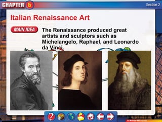 Italian Renaissance Art
         The Renaissance produced great
         artists and sculptors such as
         Michelangelo, Raphael, and Leonardo
         da Vinci.
 
